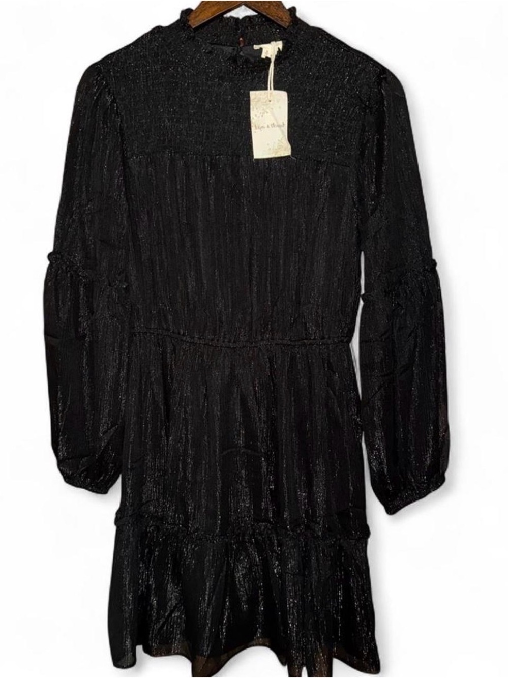 New with Tags Hem & Thread Black Shimmery Long Sleeve Smocked Dress